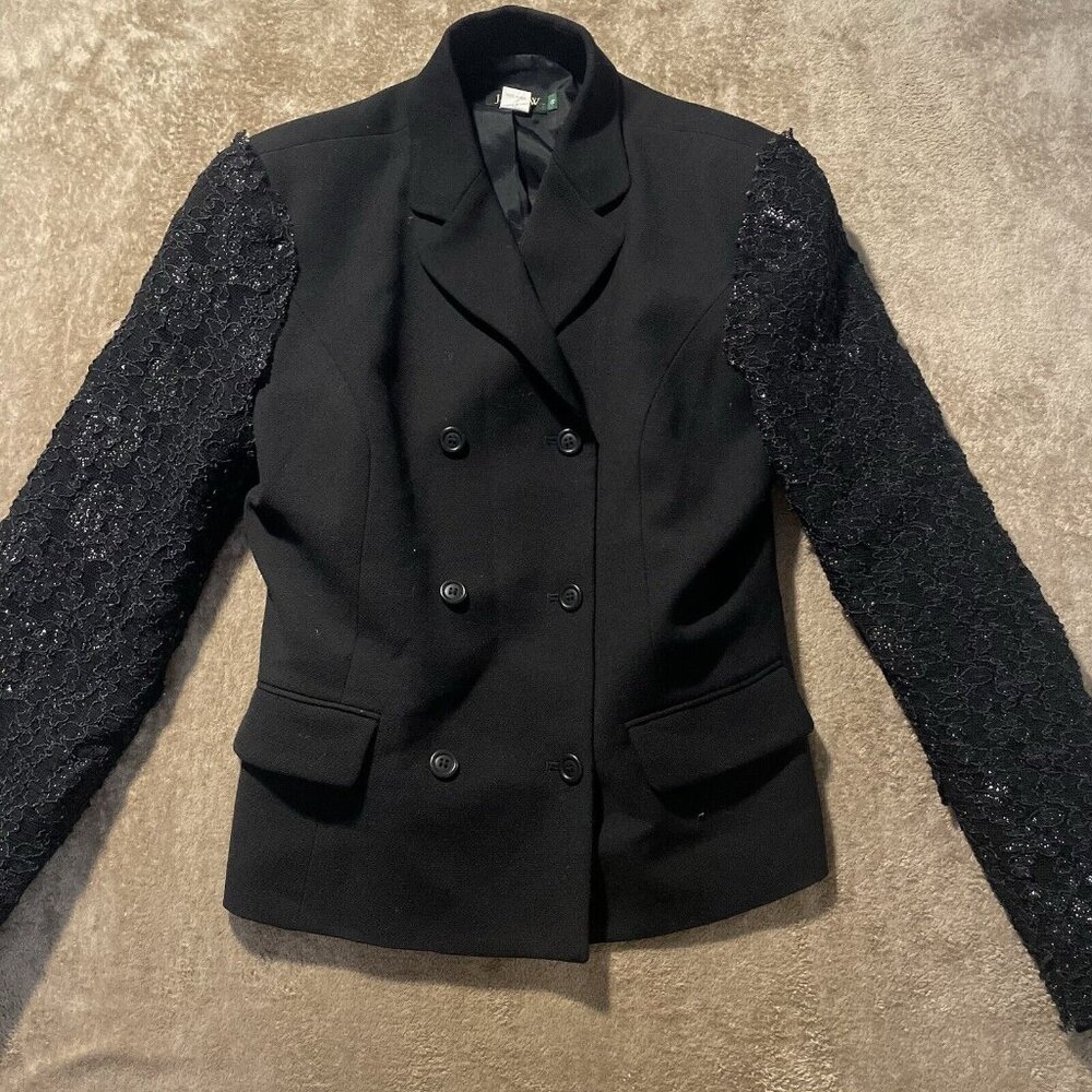 J Crew Blazer Womens Sz 8 Wool Double Breasted Black Lace Sequin Sleeves Jacket